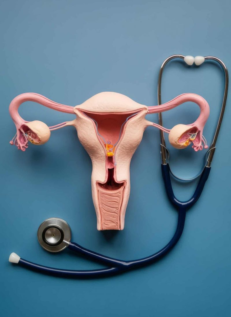 model-female-reproductive-system-stethoscope-lies-blue-background